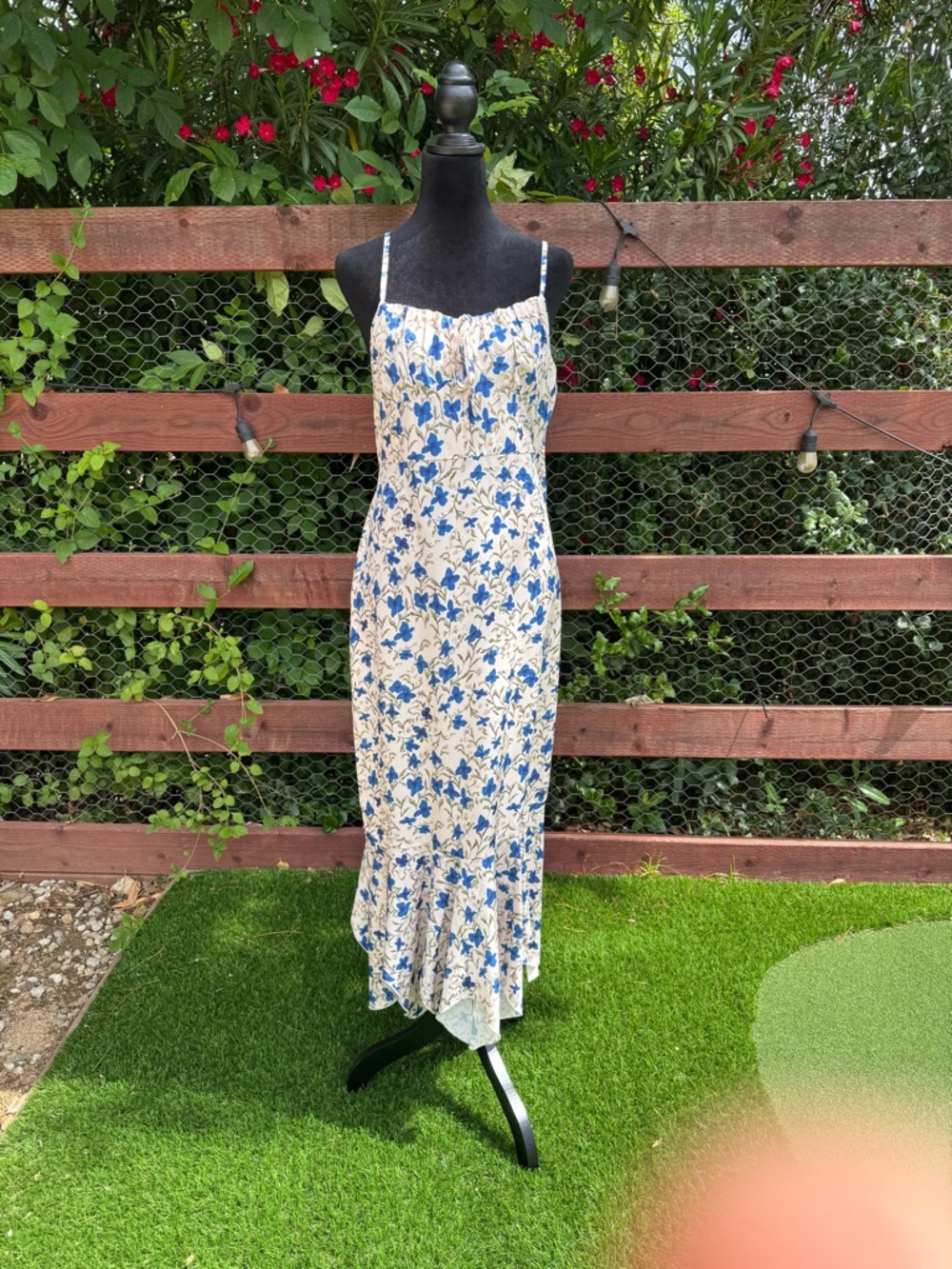 Commense Blue and Cream Floral Maxi Dress with Spaghetti Straps